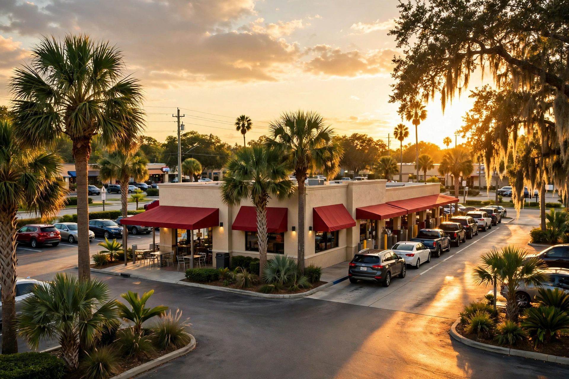 Cook Out Dale Mabry restaurant exterior in Tampa, Florida at golden hour with red awnings and a busy drive-thru
