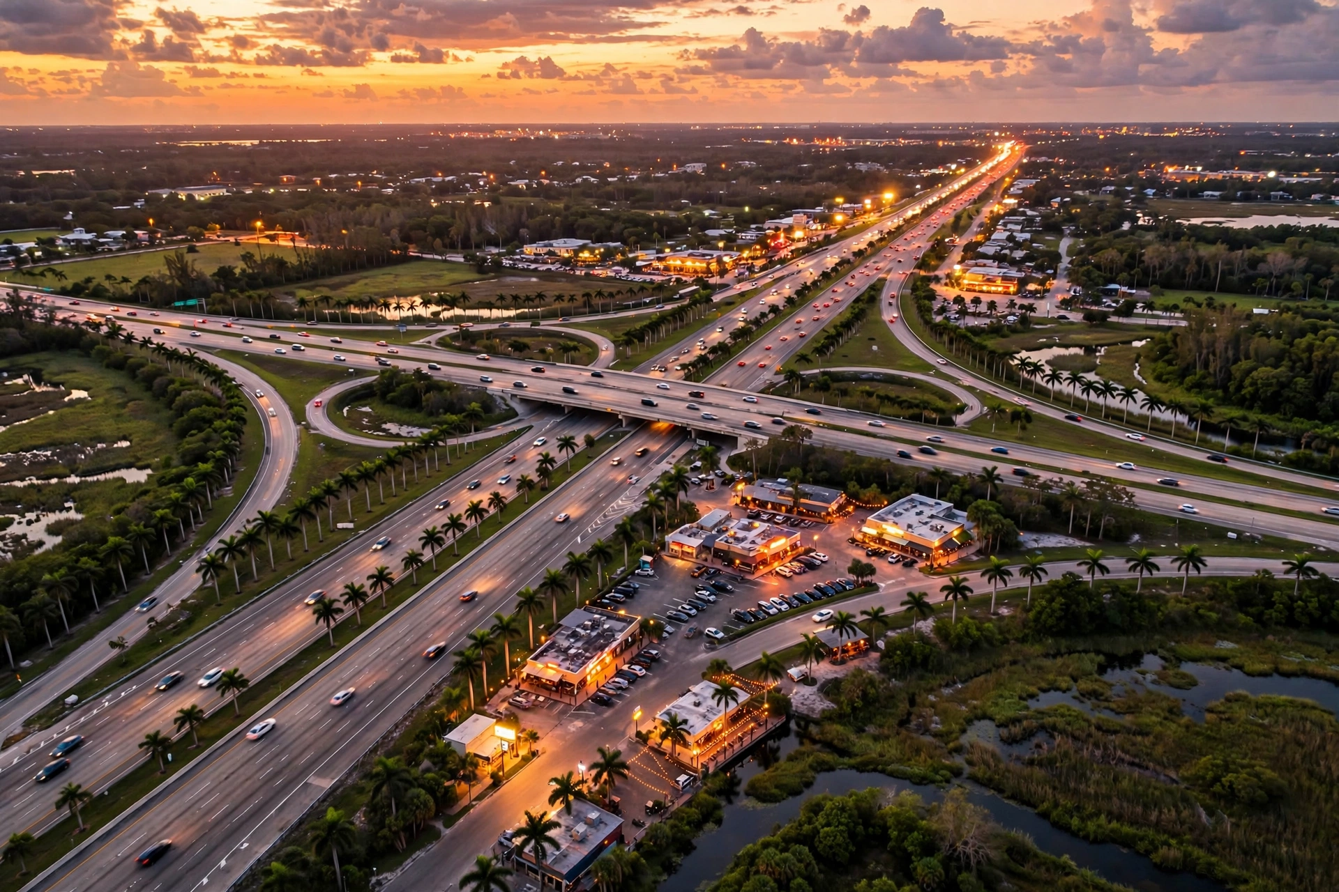 Cook Out Florida locations expansion — aerial view of a Florida highway at sunset lined with palm trees
