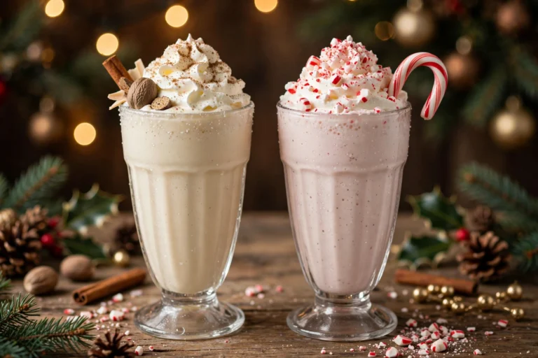 Cook Out holiday hours 2026 season — eggnog and peppermint milkshakes with Christmas decorations