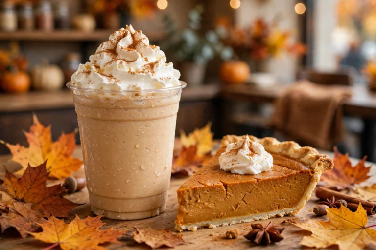 Cook Out Pumpkin Pie Shake topped with whipped cream and cinnamon next to a slice of pumpkin pie