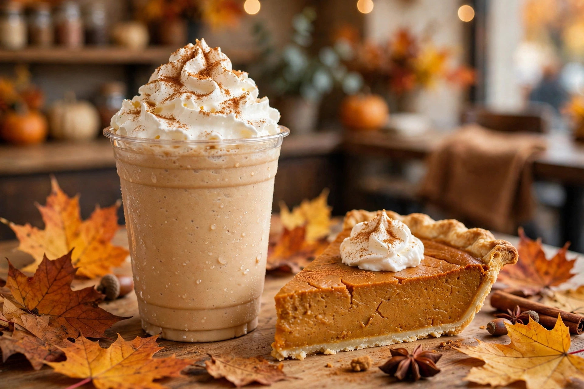 Cook Out Pumpkin Pie Shake topped with whipped cream and cinnamon next to a slice of pumpkin pie