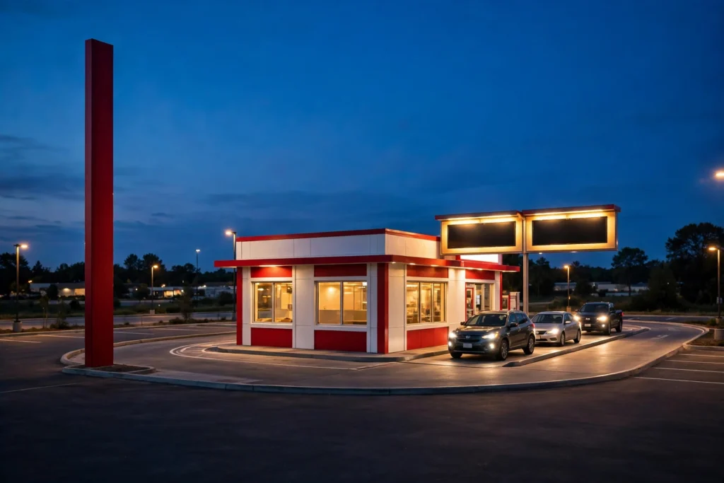 Drive-thru restaurant building at dusk — illustrative image