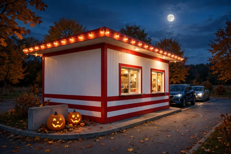 Cook Out style drive-thru restaurant on Halloween night with jack-o-lanterns (illustrative image)